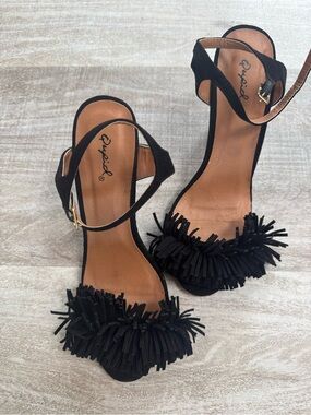 Qupid Black Fringe Open-Toe Ankle-Strap Heels